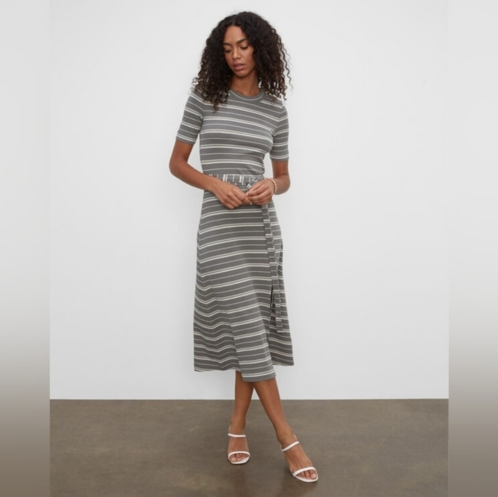 Club Monaco Gray Striped Short Sleeve Rib Knit Midi Dress Size XL - Picture 2 of 6